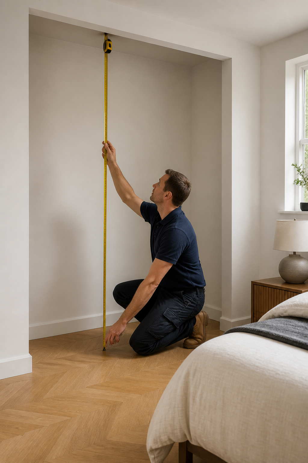 Fitter measuring a bedroom alcove for made-to-measure sliding wardrobes