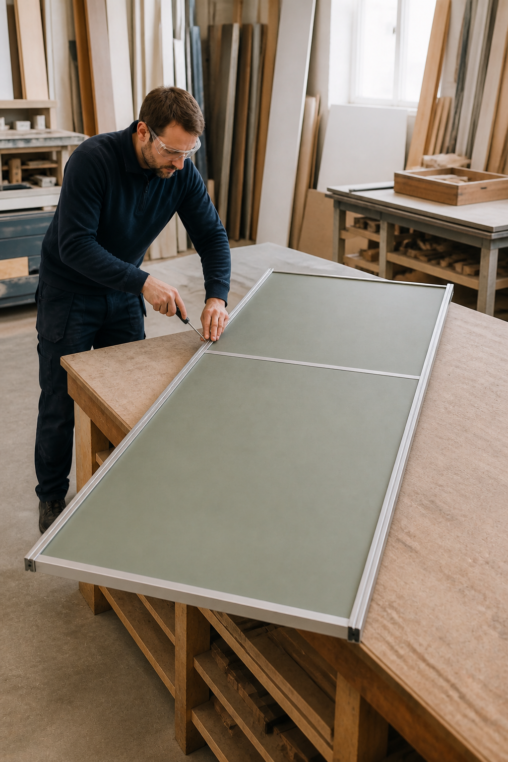 Craftsperson assembling a full-size framed sliding wardrobe door flat on a workshop bench