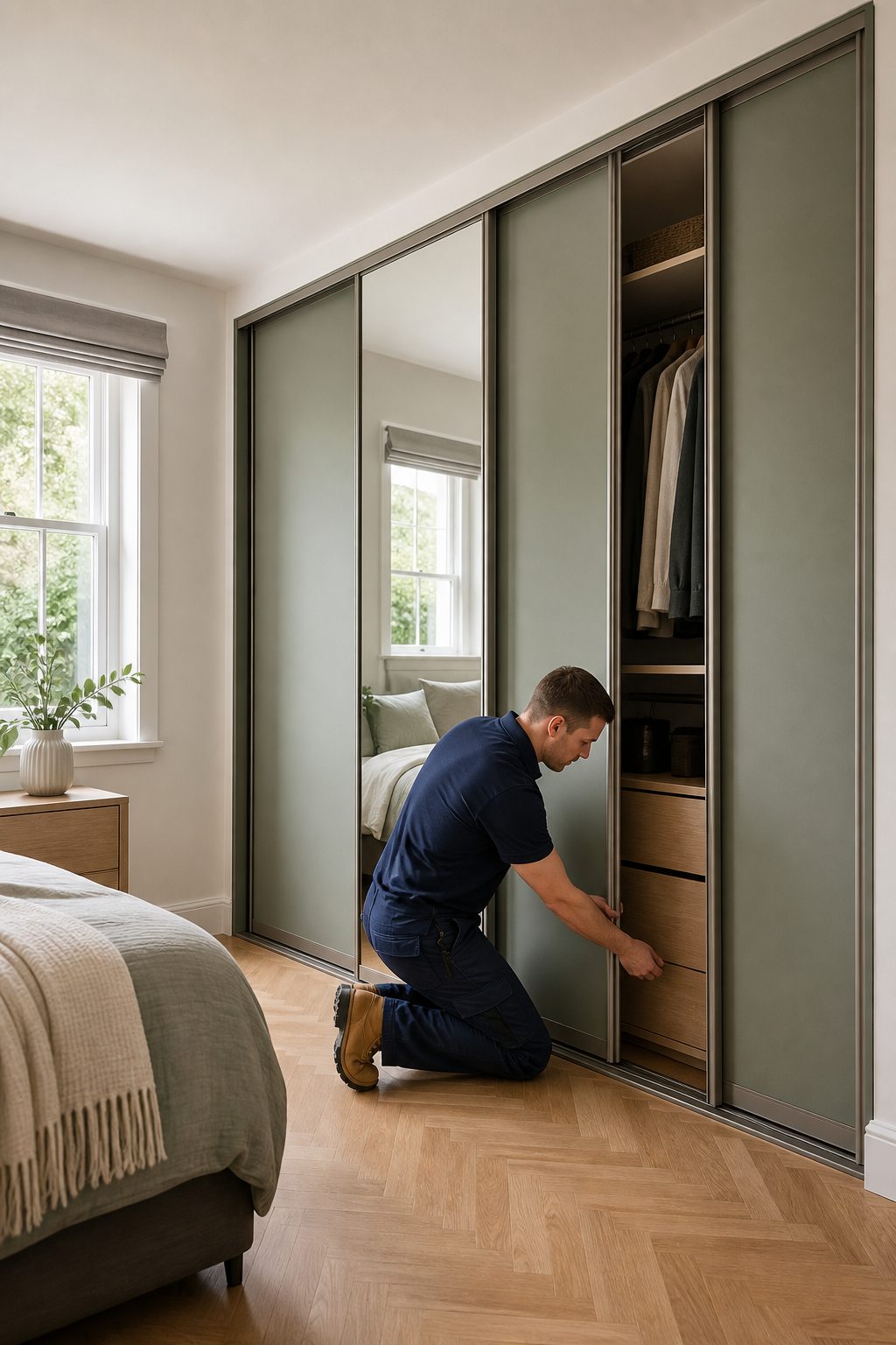 Fitter completing a floor-to-ceiling sliding wardrobe installation