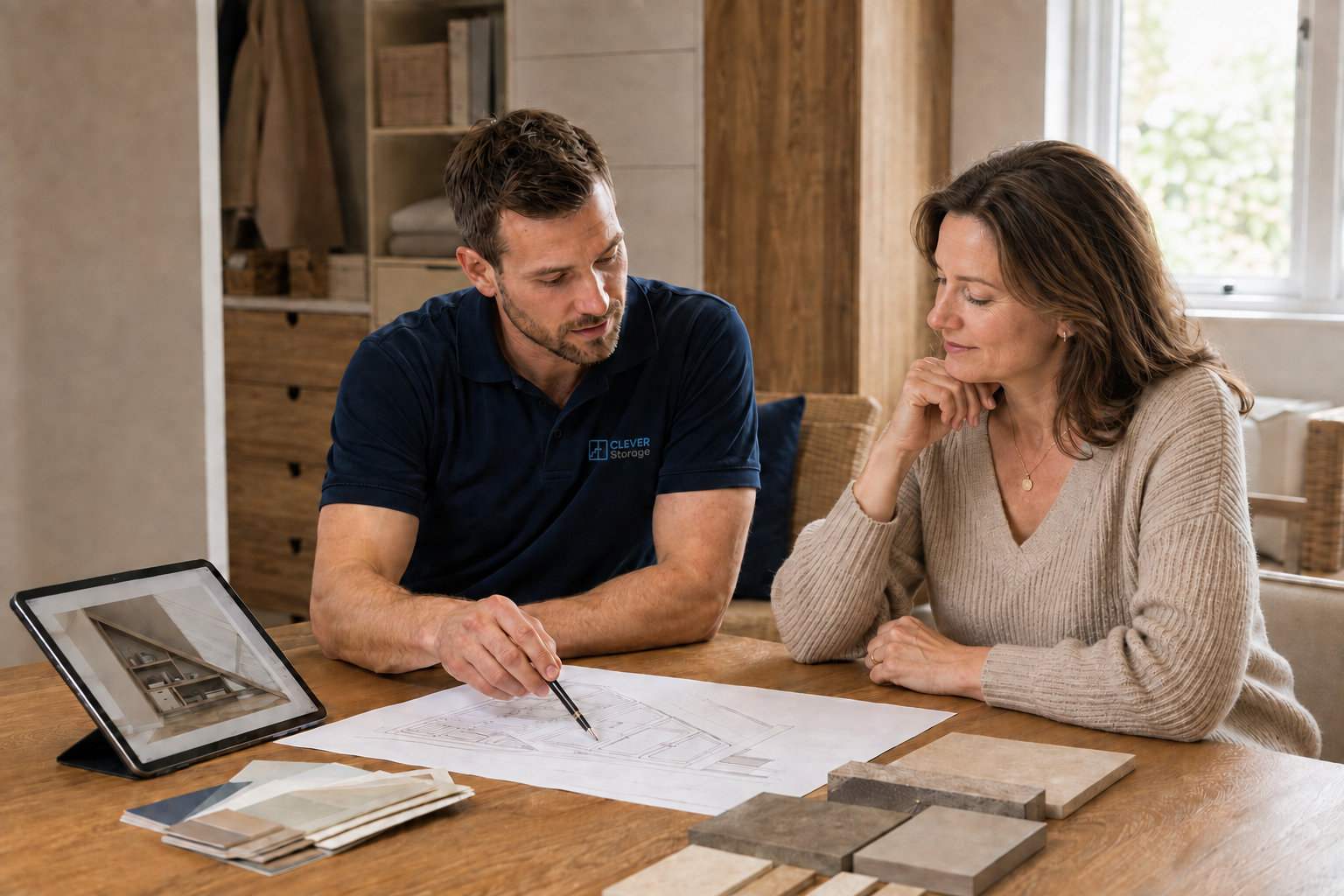 Clever Storage designer wearing a branded polo shirt while discussing plans and finishes with a female homeowner