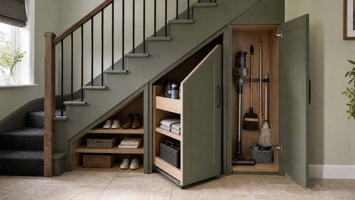 Bespoke bank of under-stairs drawers and cupboards