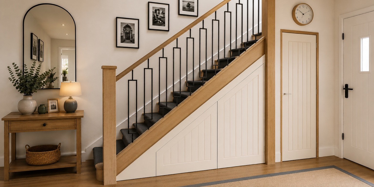 Featured under stairs storage layout with green shaker doors and full-height cupboard