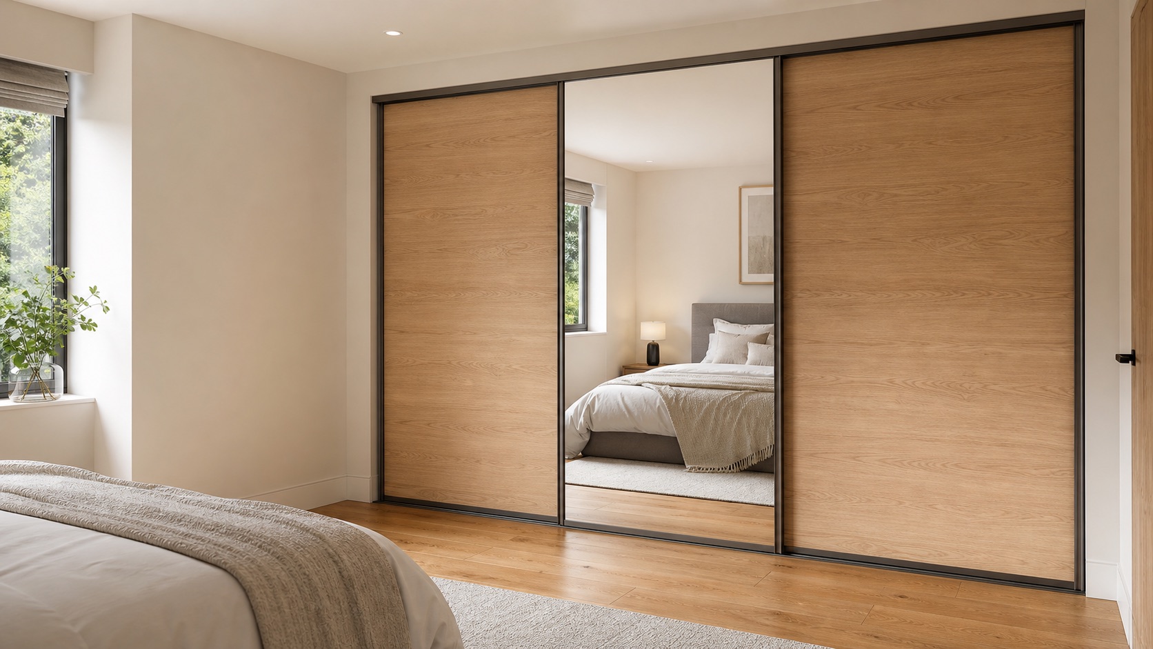 Featured fitted sliding wardrobe with mirrored and woodgrain doors