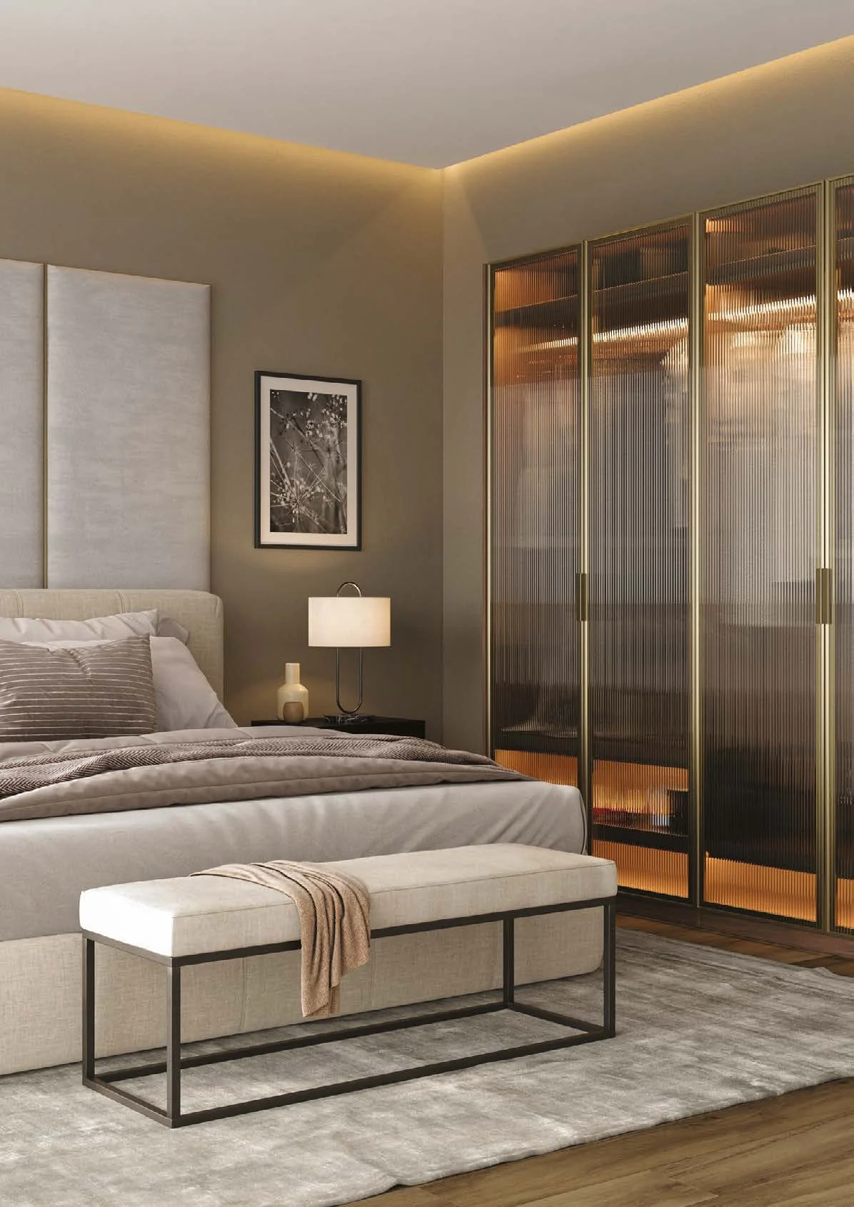 Vitro Brushed Brass wardrobe doors with fluted glass in a bedroom